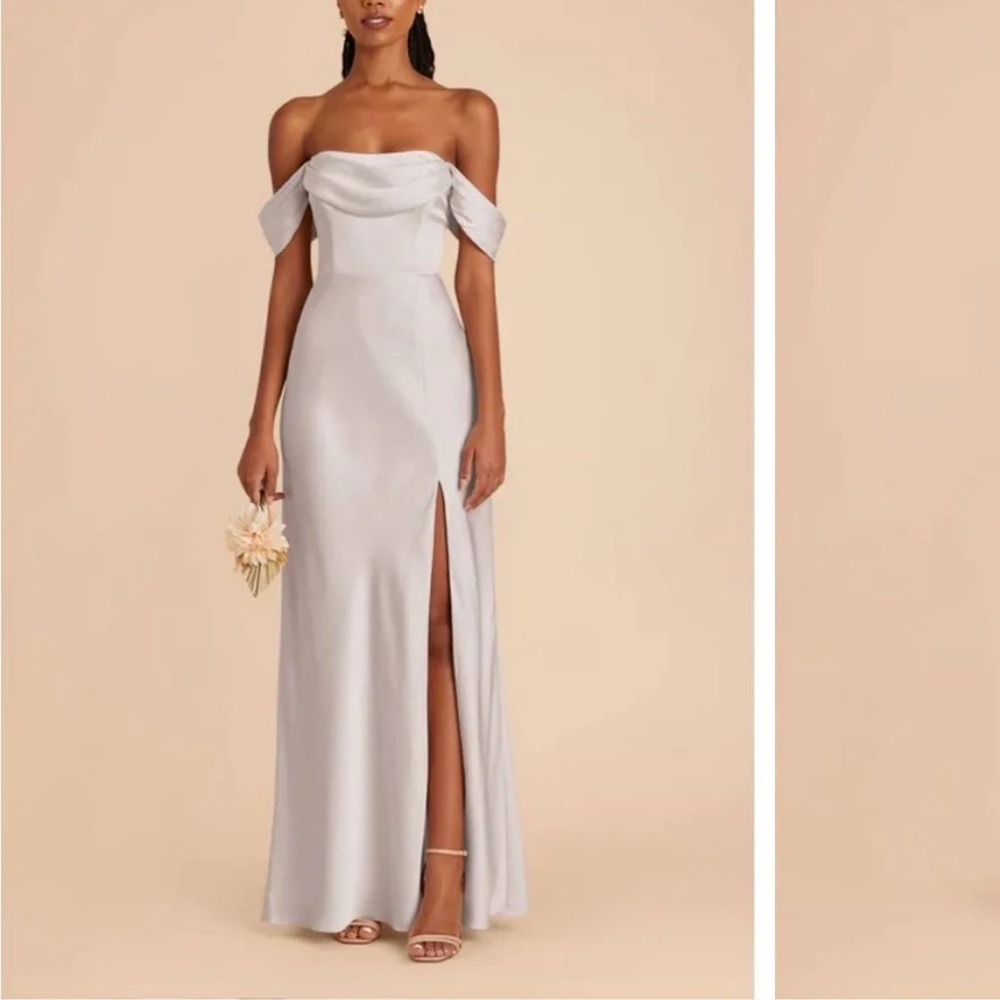 Birdy Grey Shiny Satin Platinum Mia Off Shoulder Gray Brides Maid Dress NWT M
